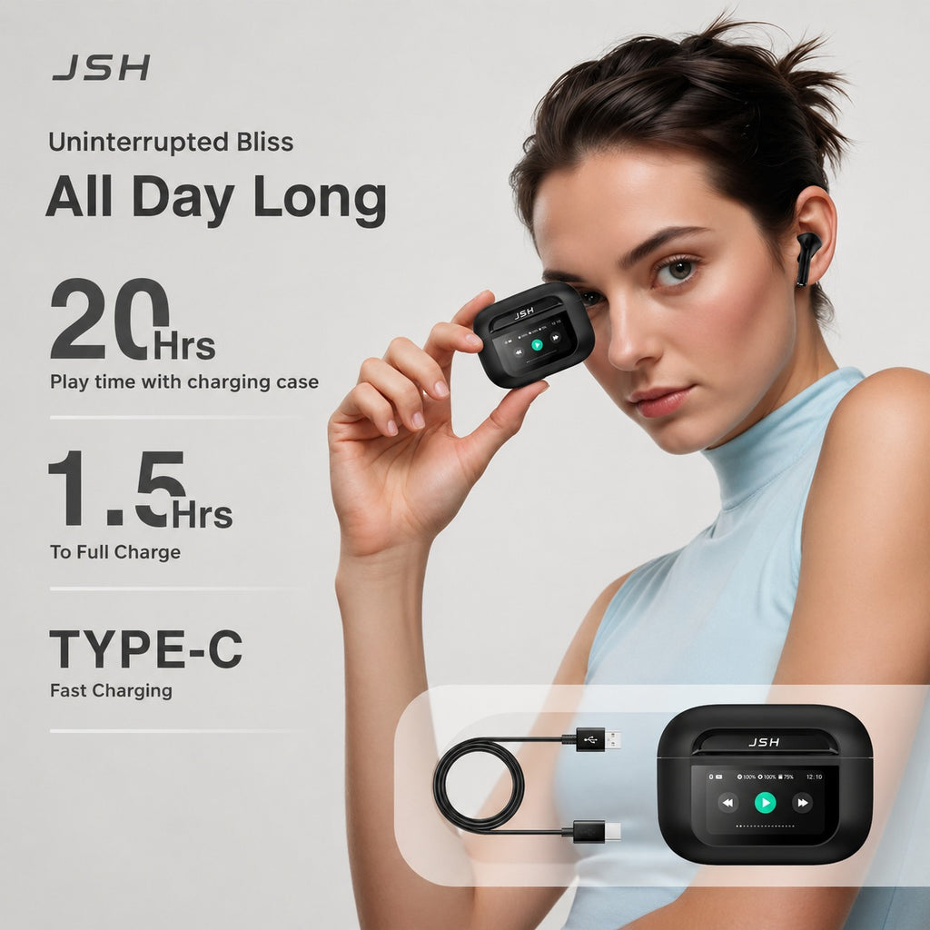 JSH Screen TWS Bluetooth Earbuds with 32 db ANC + ENC and On Case Display