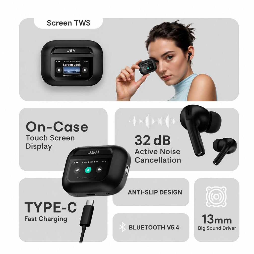 JSH Screen TWS Bluetooth Earbuds with 32 db ANC + ENC and On Case Display