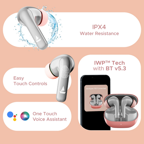 BOAT  Airdopes 155 w/ 40 hrs Playtime,In-Ear Detection,Quad Mics ENx Tech,ASAP Charge Bluetooth Headset (Hot Rouge, True Wireless)